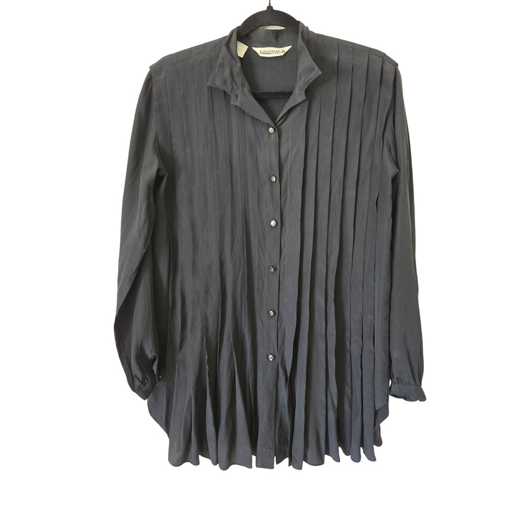 Vintage Pancaldi & B Womens L Top Black 100% Silk Pleated Made in Italy